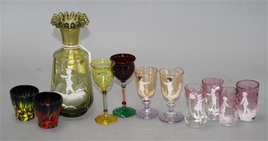 A Mary Gregory style vase, 17cm and ten assorted glass tots